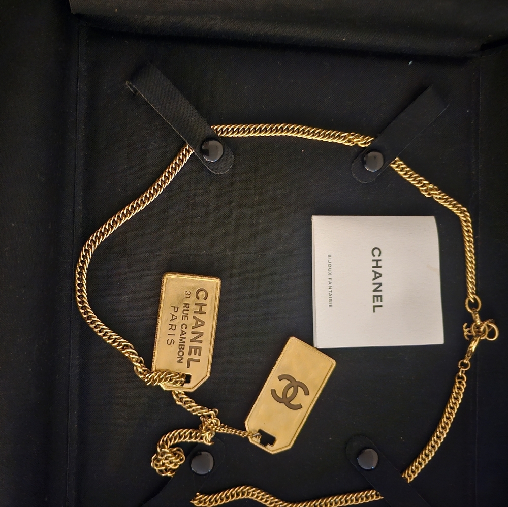 COPY - CHANEL ID Dog Tag Charm Necklace Gold